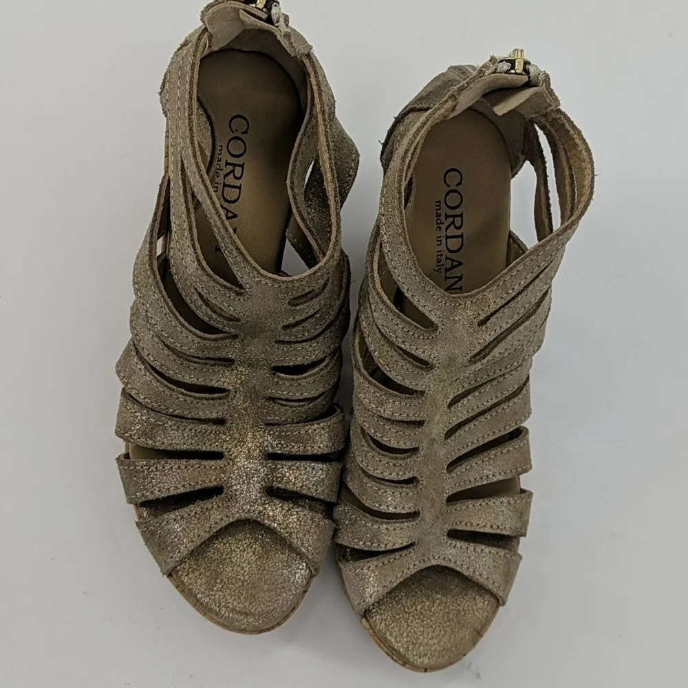 NWT CORDANI Metallic Leather Cork Wedge Sandals